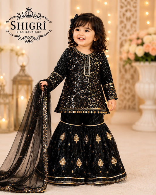 Metal Fabric Sequin Peplum Gharara Suit