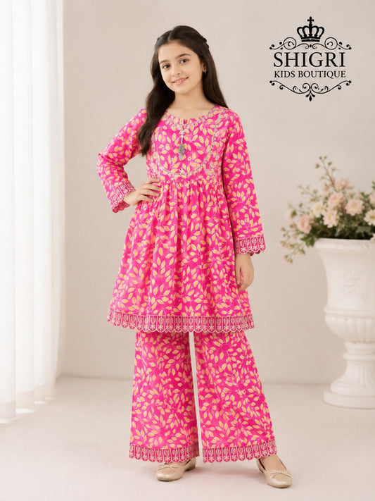 Hot Pink Leaf Print Lawn Suit
