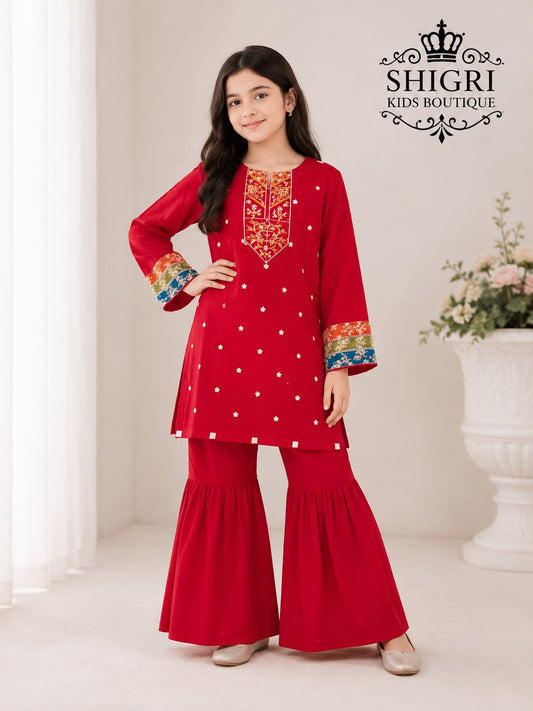 Red Cotton Embroidered Gharara Suit