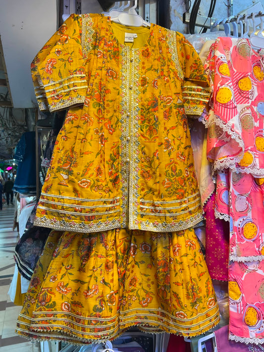 Banarasi Cotton Mustard Floral Garara Suit - 2