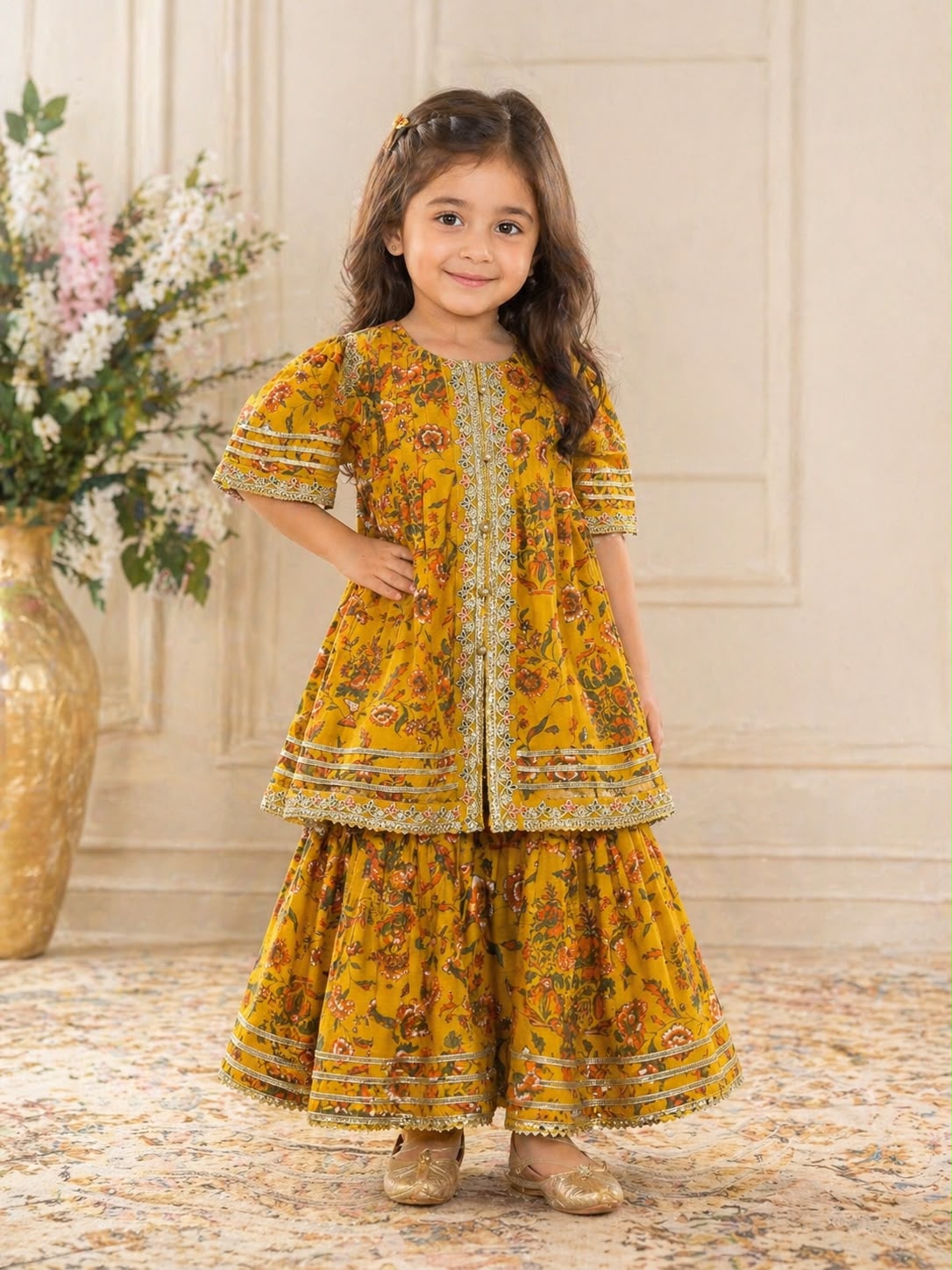Banarasi Cotton Mustard Floral Garara Suit