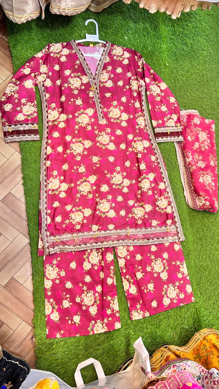 Maroon Floral Print Lawn Suit - 2