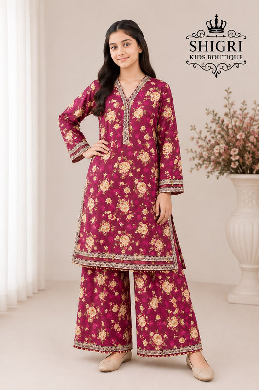 Maroon Floral Print Lawn Suit
