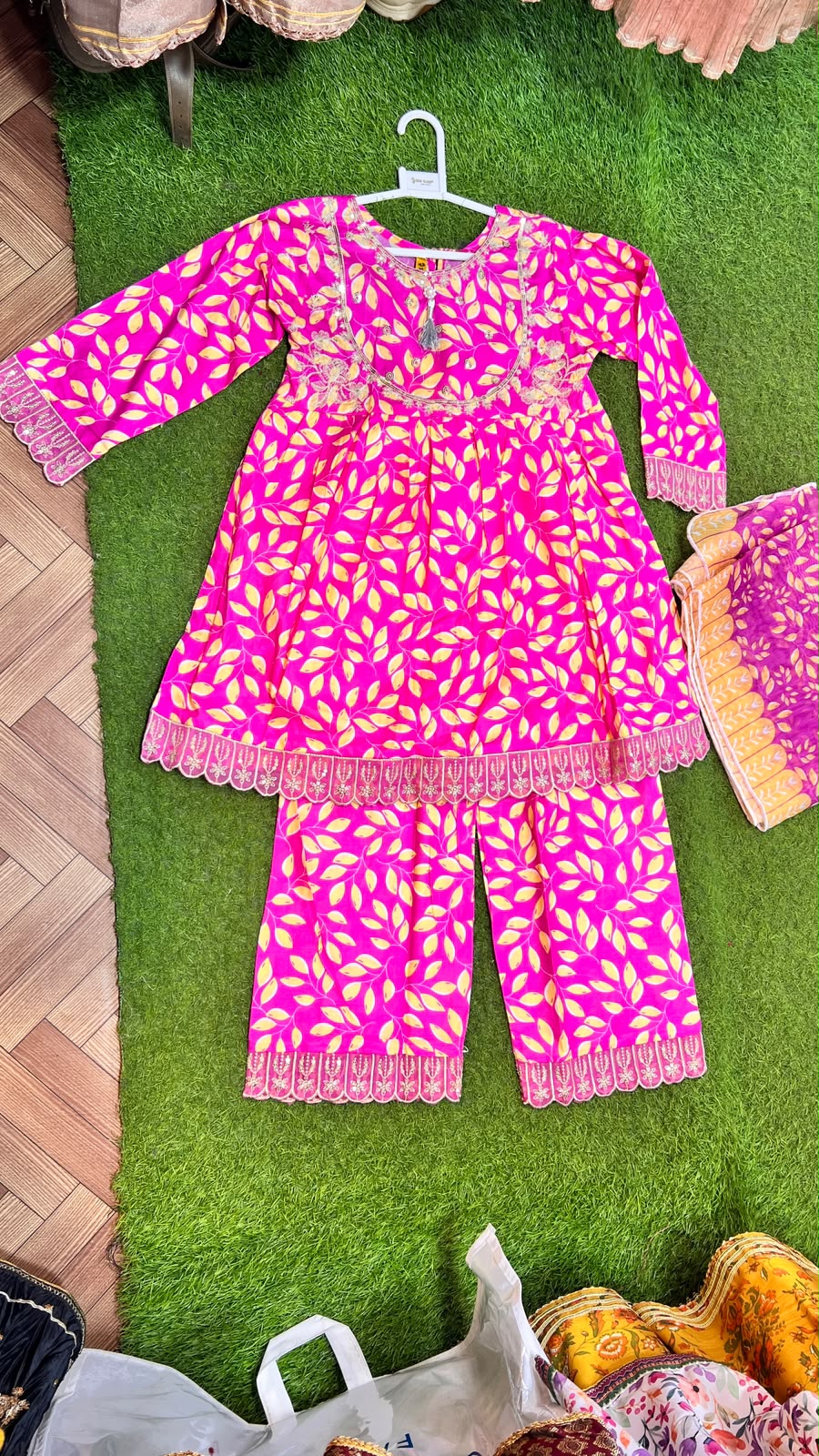 Hot Pink Leaf Print Lawn Suit - 2