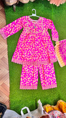 Hot Pink Leaf Print Lawn Suit - 2