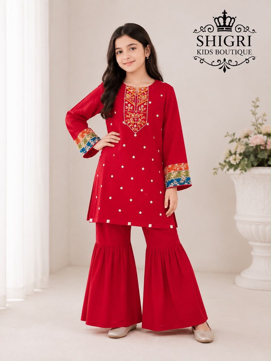 Red Cotton Embroidered Gharara Suit