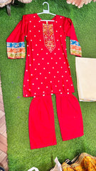 Red Cotton Embroidered Gharara Suit - 2