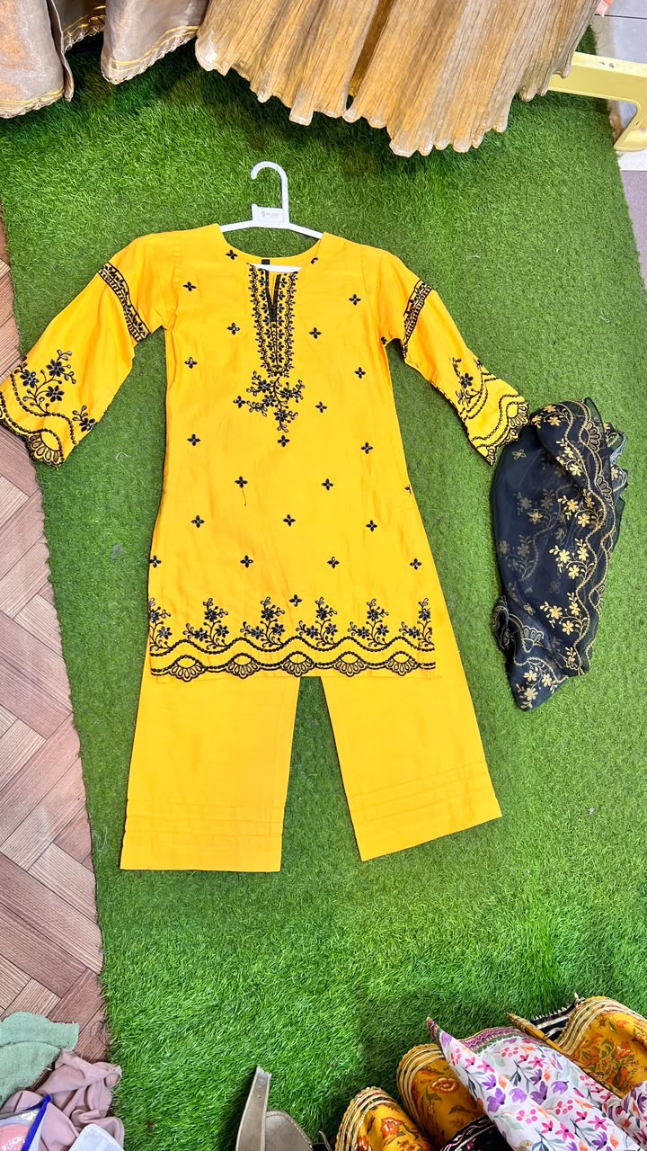 Golden Yellow Cotton Embroidered Suit - 2