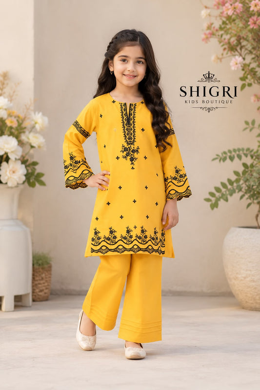Golden Yellow Cotton Embroidered Suit