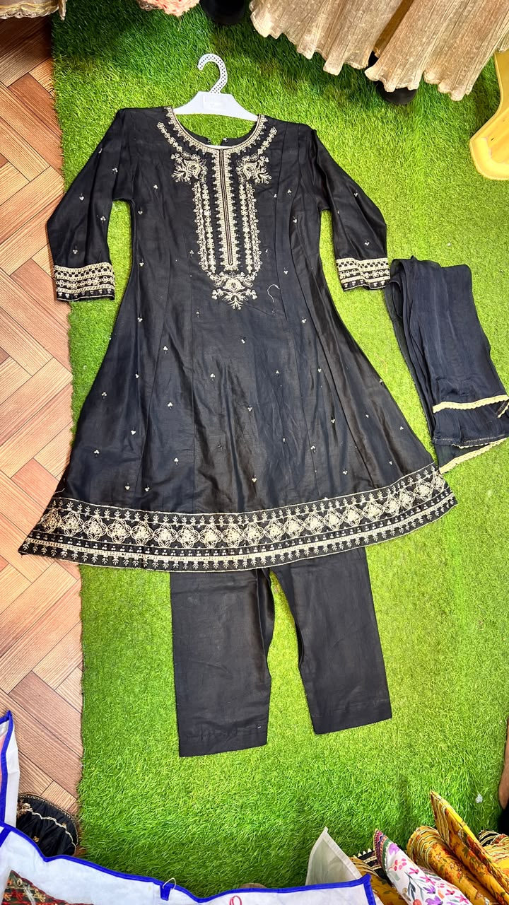 Black Pure Cotton 3-Piece Suit - 2