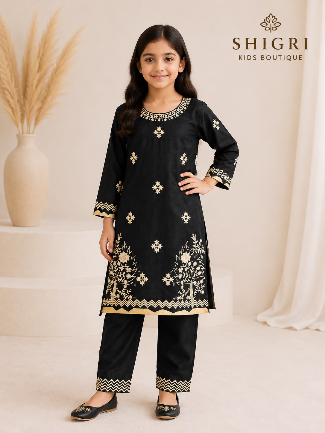 Black Pure Cotton Floral Embroidered Suit
