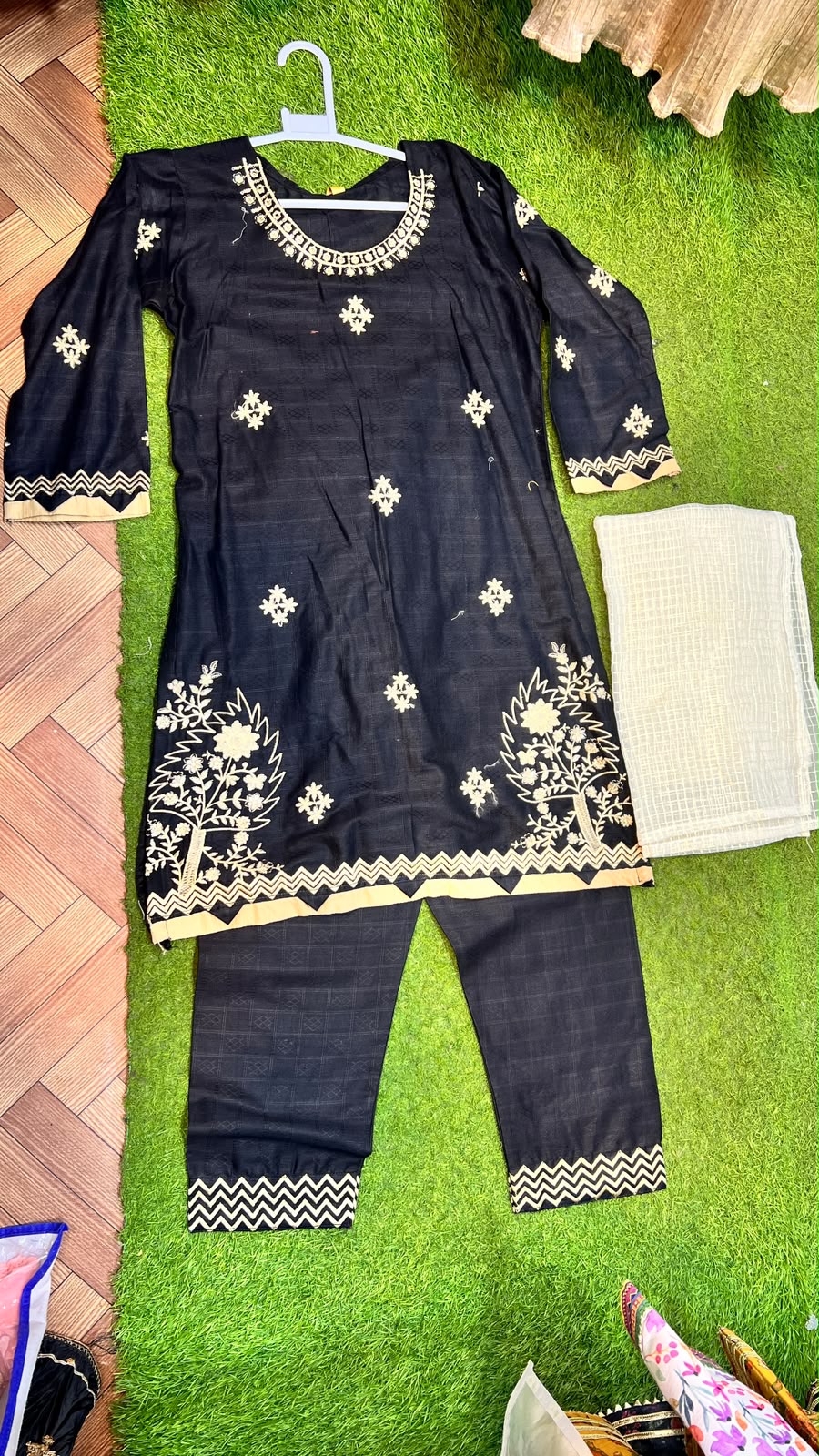 Black Pure Cotton Floral Embroidered Suit - 2