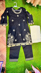 Black Pure Cotton Floral Embroidered Suit - 2