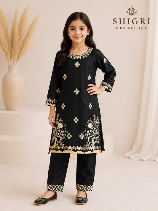 Black Pure Cotton Floral Embroidered Suit