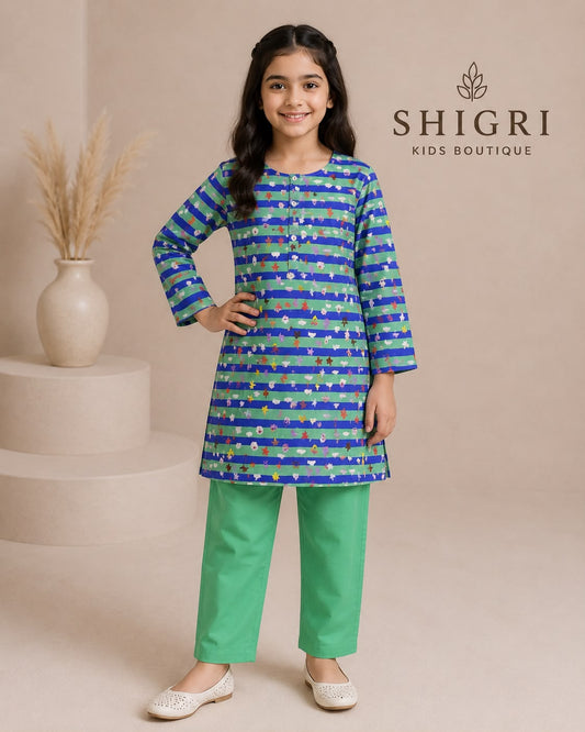 Green Striped Floral Print Suit