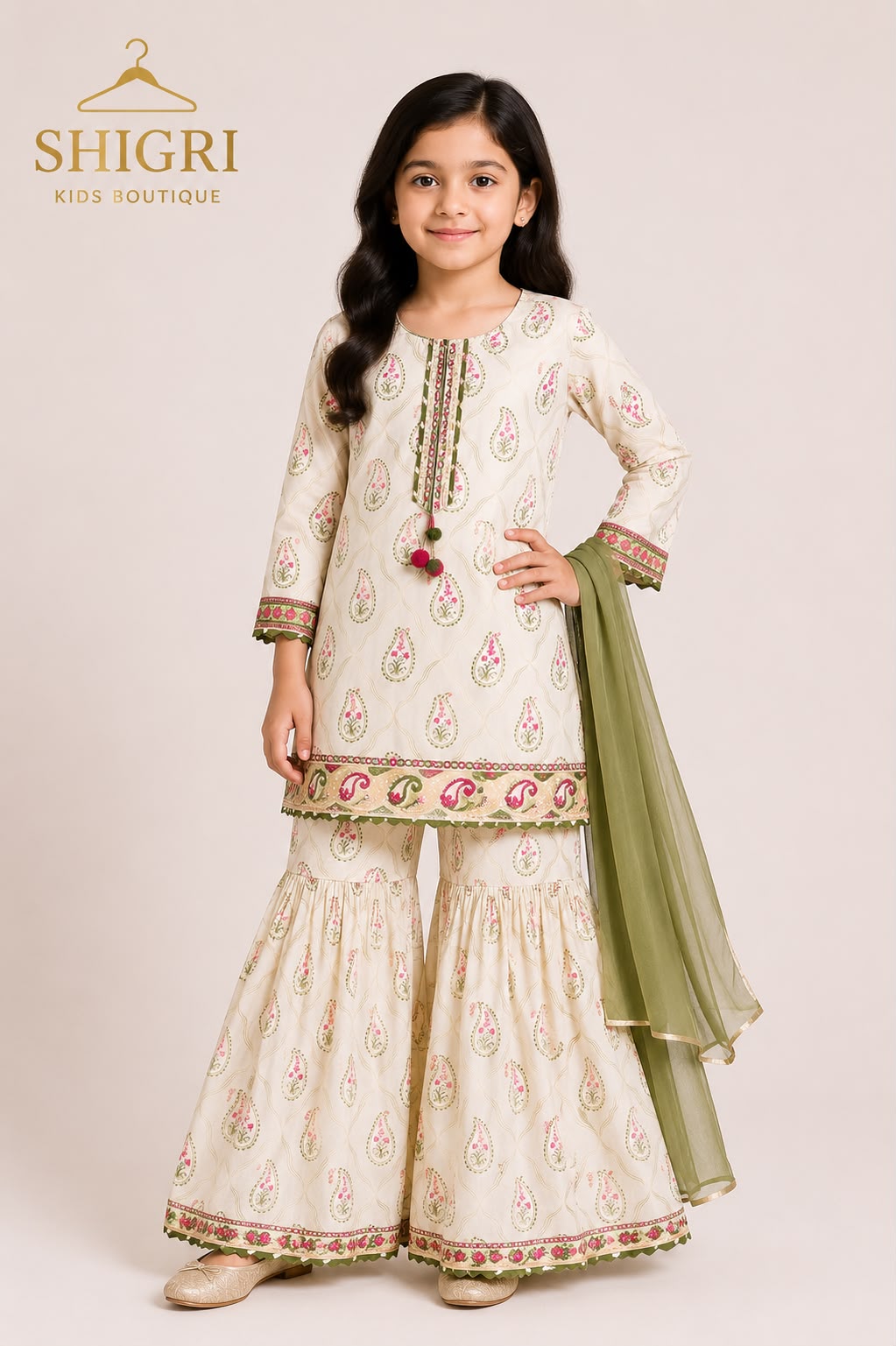 Ivory Paisley Print Gharara Suit