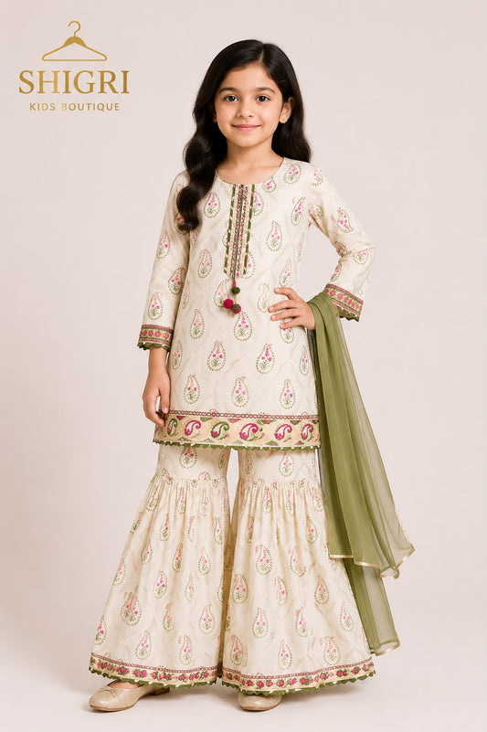 Ivory Paisley Print Gharara Suit