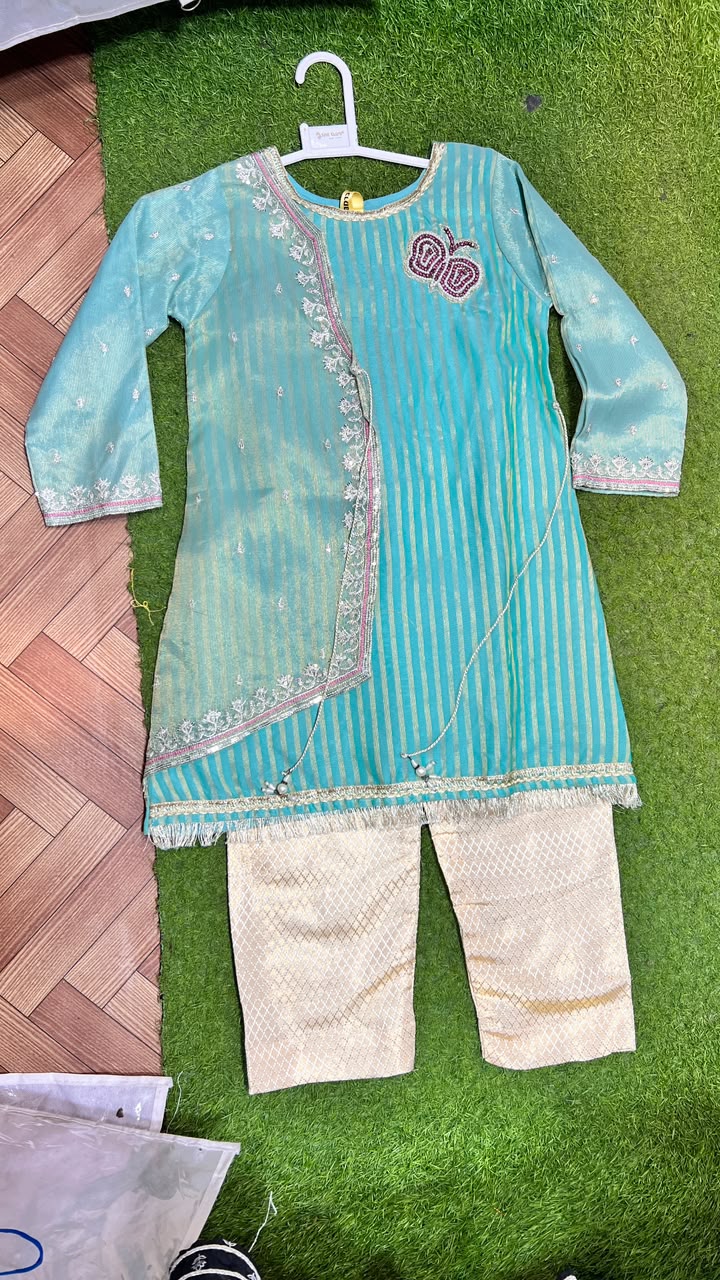 Sea Green Organza Cape Suit - 2