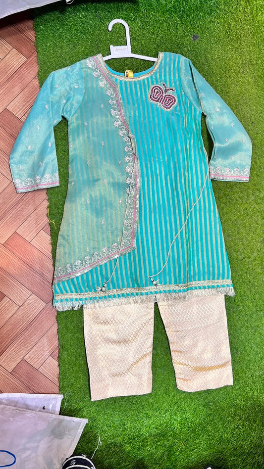 Sea Green Organza Cape Suit - 2