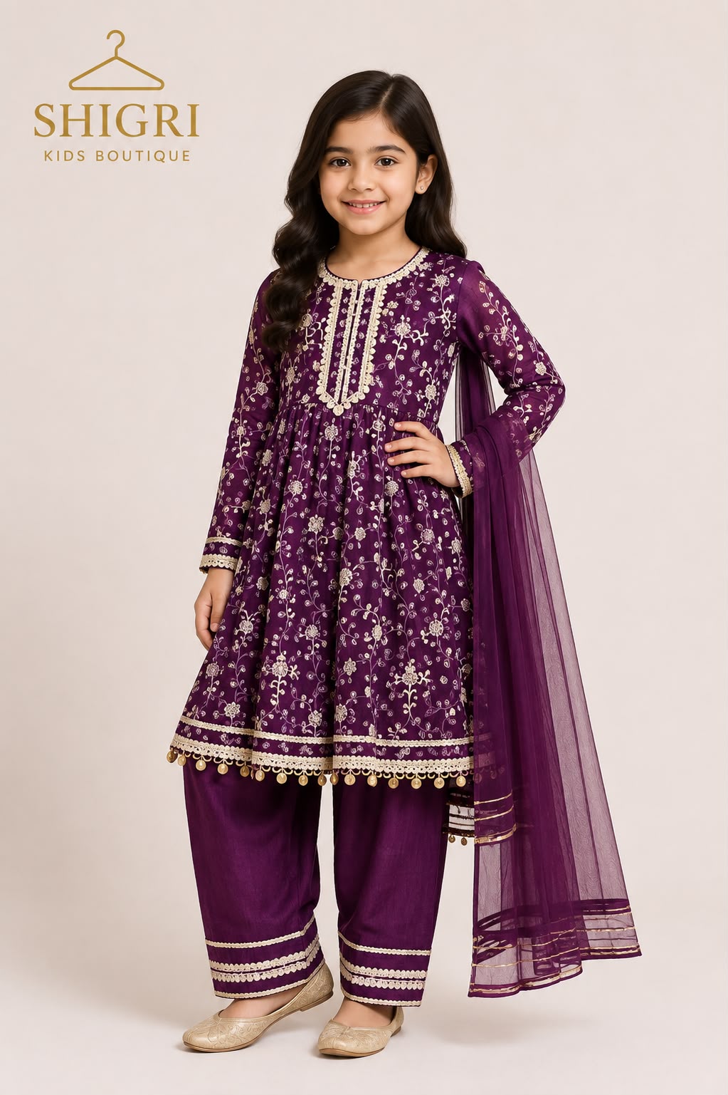 Purple Chiffon Computer Embroidered Frock