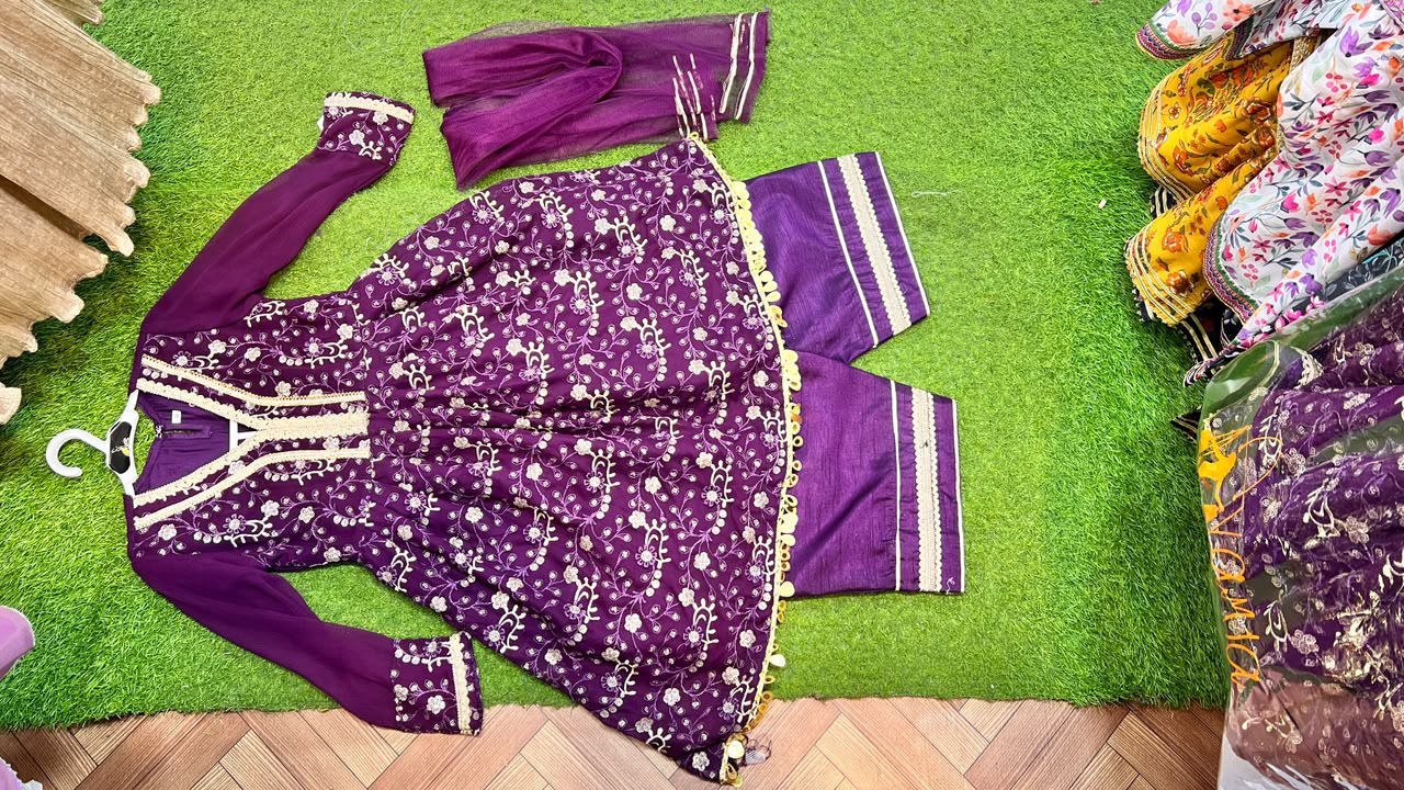 Purple Chiffon Computer Embroidered Frock - 2