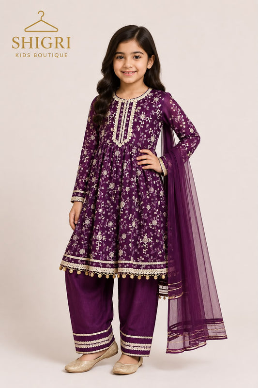 Purple Chiffon Computer Embroidered Frock