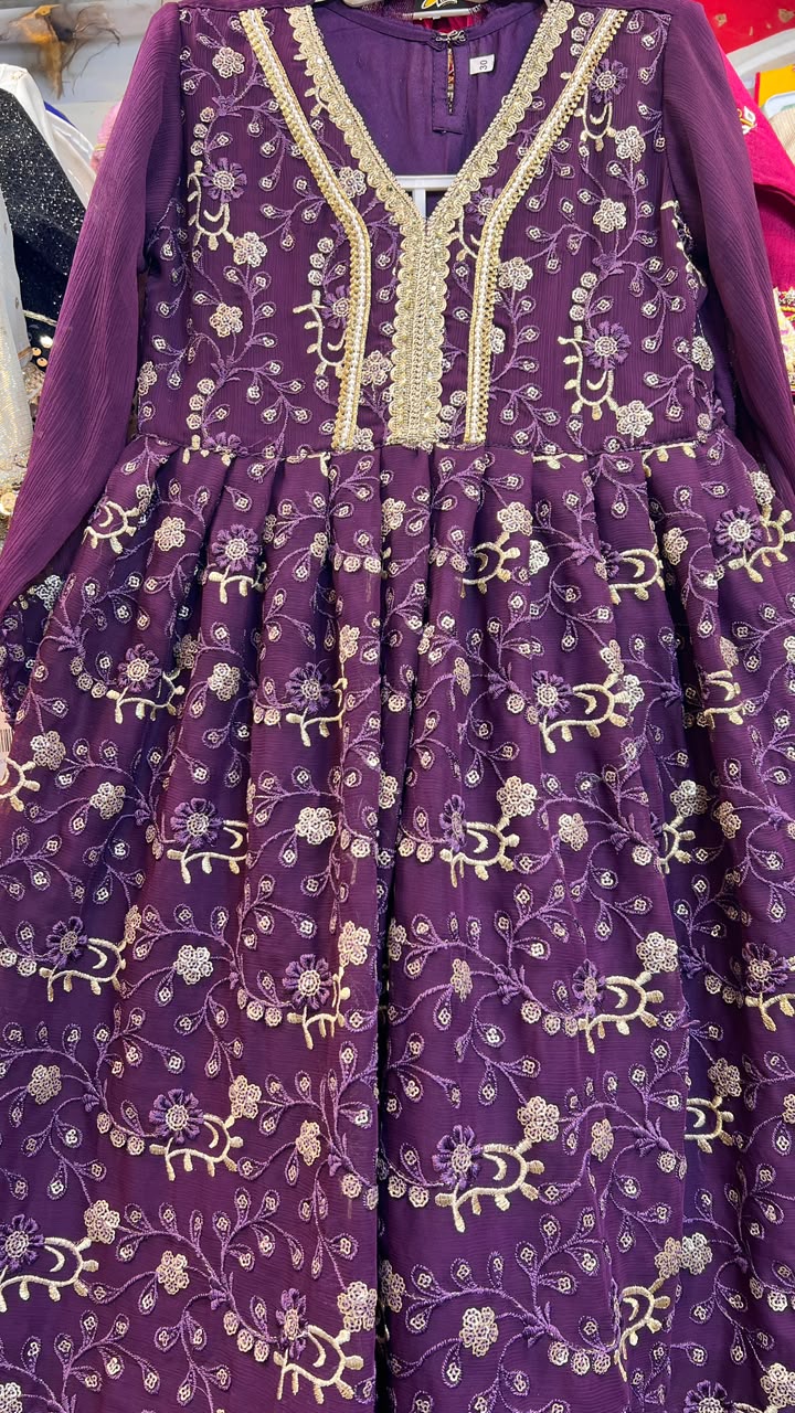 Purple Chiffon Computer Embroidered Frock - 4