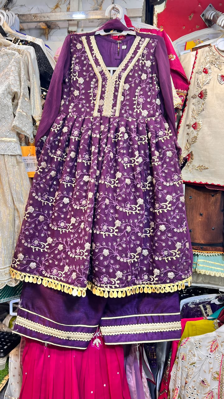 Purple Chiffon Computer Embroidered Frock - 3